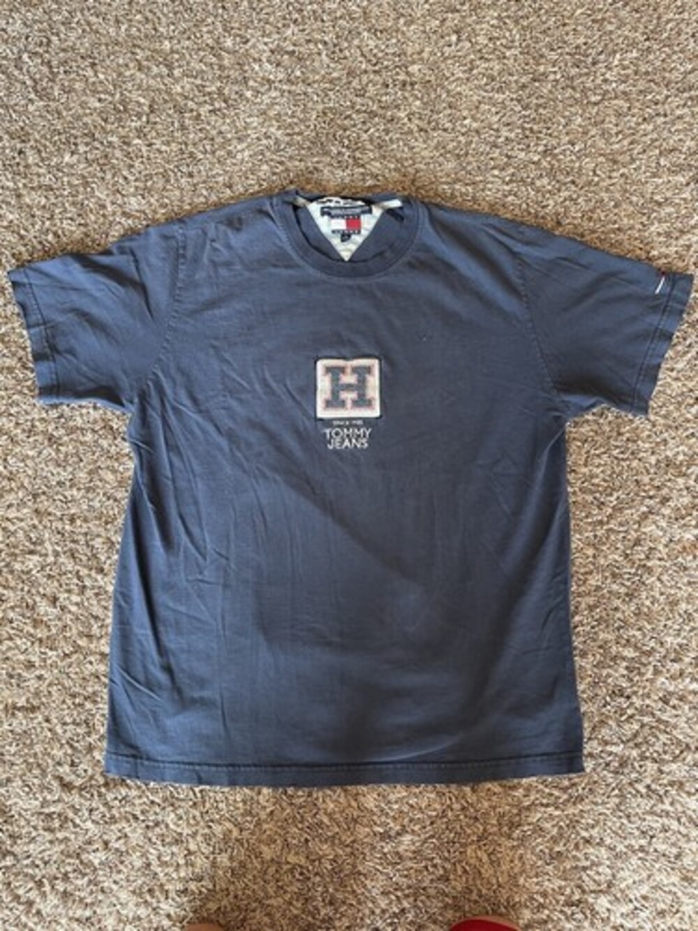 Vintage Tommy Hilfiger Navy Blue Faded Thrashed Tommy Jeans Y2K T Shirt Size XL